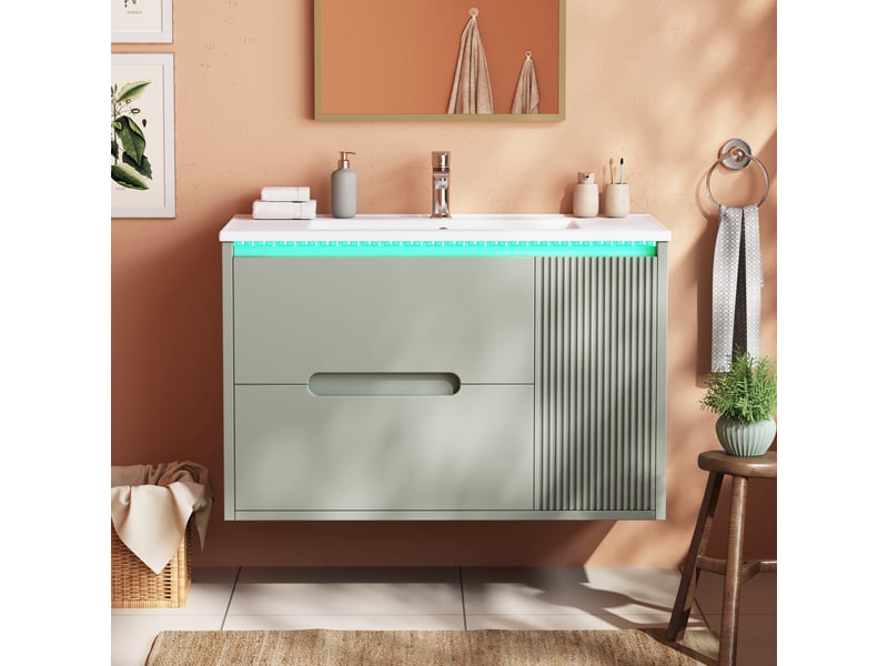  Meuble sous-vasque suspendu 81 cm avec vasque céramique, façade ondulée, led, vert  - Conforama D