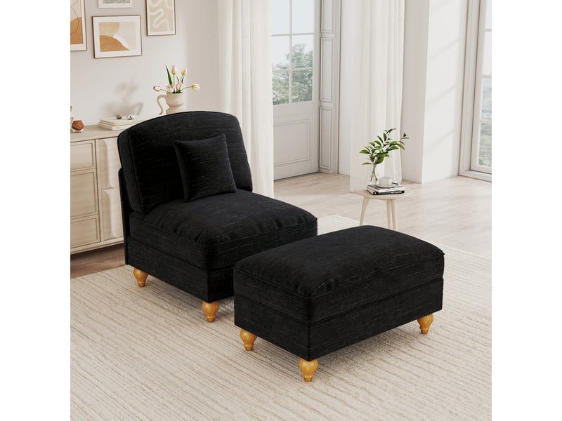  Fauteuil avec pouf avec housse à volants amovible, coussin mobile et assise profonde, en chenille noir  - Conforama B