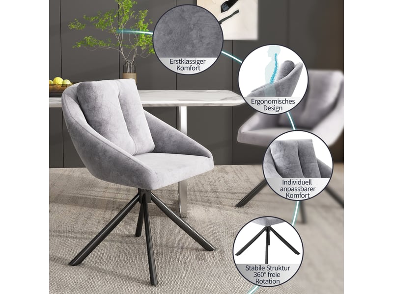  Chaises de salle à manger lot de 6 pivotantes 360°  - dossier ergonomique, structure métal, velours gris  - Conforama E