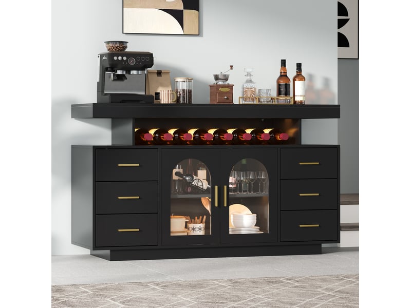  Buffet 140x40x82 cm avec led, 6 tiroirs et 2 portes vitrées noir  - Conforama D