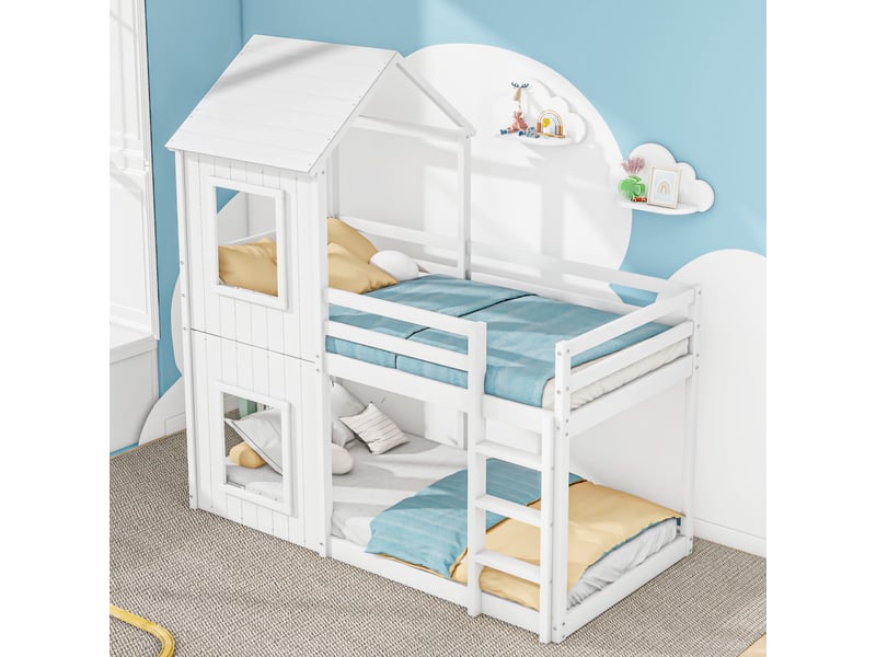  Lit cabane enfant 90x200 cm avec barrières de sécurité, blanc, lit superpose avec échelle et baldaquin  - Conforama E