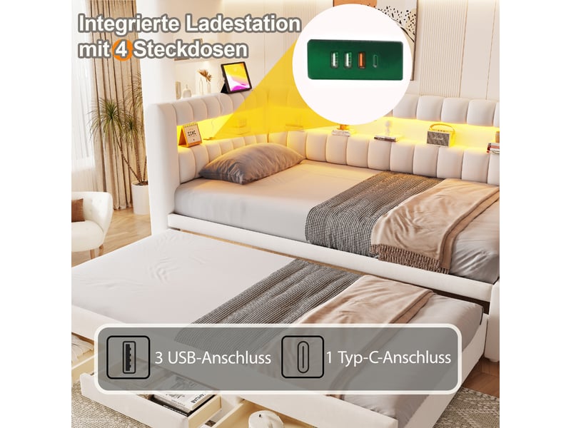 Lit banquette rembourré - 90x190 cm - convertible - tiroirs de rangement - rangements intégrés - éclairage led - port usb - beige CozyNest - Conforama E