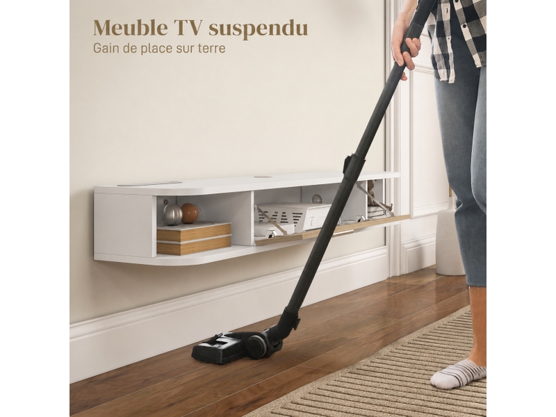  Meuble tv suspendu mural pour écran jusqu'à 50 pouces, blanc et effet chêne, 120 x 26 x 16 cm  - Conforama D