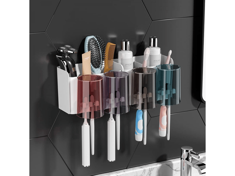  Porte-brosse à dents sans perforation, organisateur de salle de bain multifonctionnel avec fentes pour tasse et tête de brosse à dents.  - Conforama A
