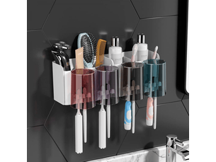 Porte-brosse à dents sans perforation, organisateur de salle de bain multifonctionnel avec fentes pour tasse et tête de brosse à dents.