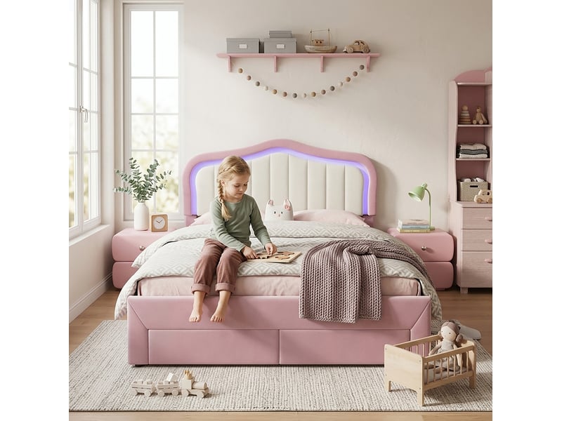 Lit avec rangement enfant 140x200 cm en velours rose avec 2 tiroirs et éclairage led  - Conforama D