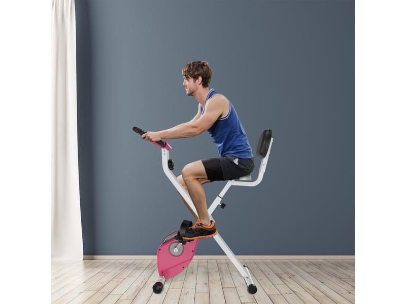  Vélo appartement pliable fitness intérieur, 8 résistances magnétiques, dossier, selle réglable, lcd, cardio, rose.  - Conforama D
