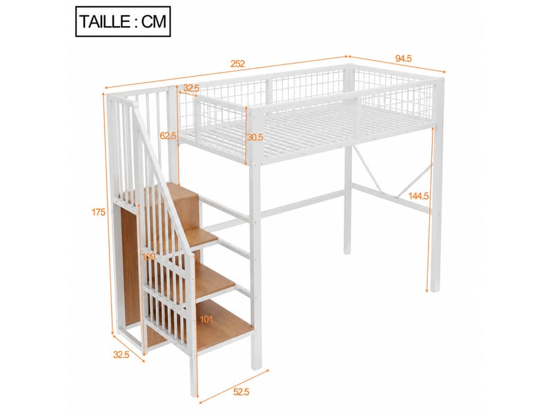  Lit mezzanine 90 x 200 cm en métal, lit simple avec échelle de rangement, penderie et led, sans matelas, blanc  - Conforama D