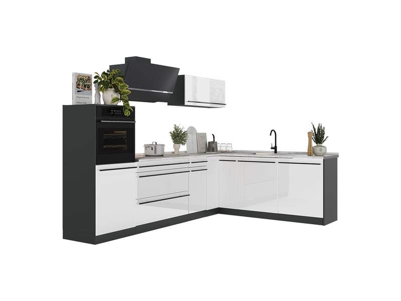  Vicco cuisine en angle, blanc haute brillanceanthracite, 287 x cm plan de travail marbre  - Conforama E