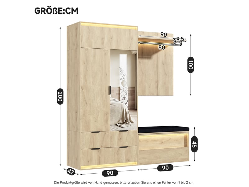  Garde-robe d'entrée 180x47x200 cm avec led, miroir, 2 tringles, 4 tiroirs mdf couleur bois  - Conforama C