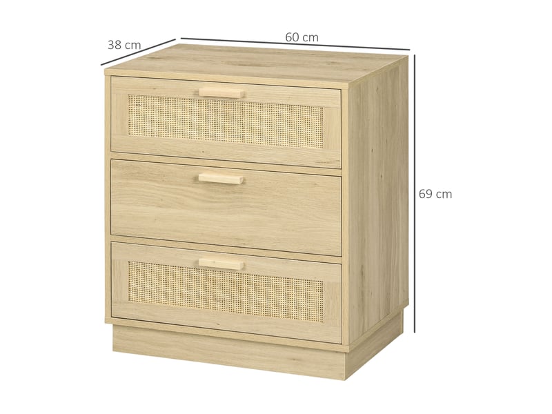  Commode en rotin tressé à 3 tiroirs, style bohème cannage, 60 x 38 x 69 cm, naturel  - Conforama E