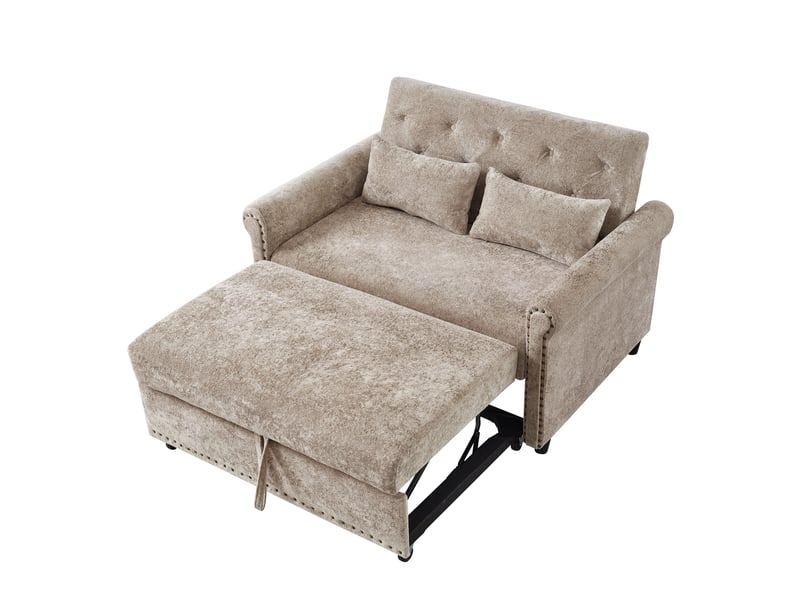  Canapé convertible 3-en-1 2 places 120 x 80 x 82 cm avec dossier 3 positions, lit gigogne et 2 coussins, chenille, mousse et bois, marron OMNIGLINT TRADING LTD - Conforama A