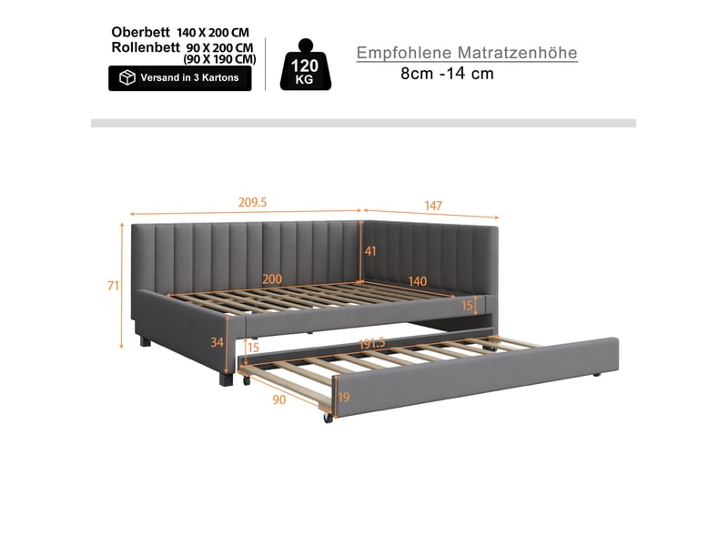  Lit banquette avec couchage gigogne 200×140 cm et 190×90 cm, sommiers à lattes, sans matelas, en velours gris  - Conforama D