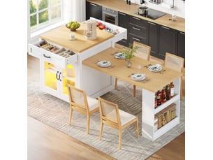 Îlot de cuisine extensible avec led, 2 tiroirs et portes en verre strié, blanc, 126-196x70x94 cm