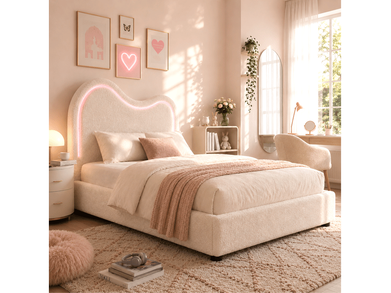  Lit enfant 90x200 cm en bouclé blanc avec rangement hydraulique et sommier  - Conforama E
