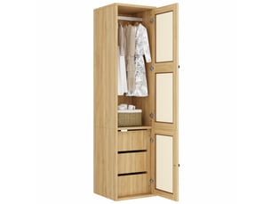 Armoire penderie 45x47x200 cm - 1 porte cannage - 3 tiroirs - rangement étroit - mdf et rotin - effet chêne