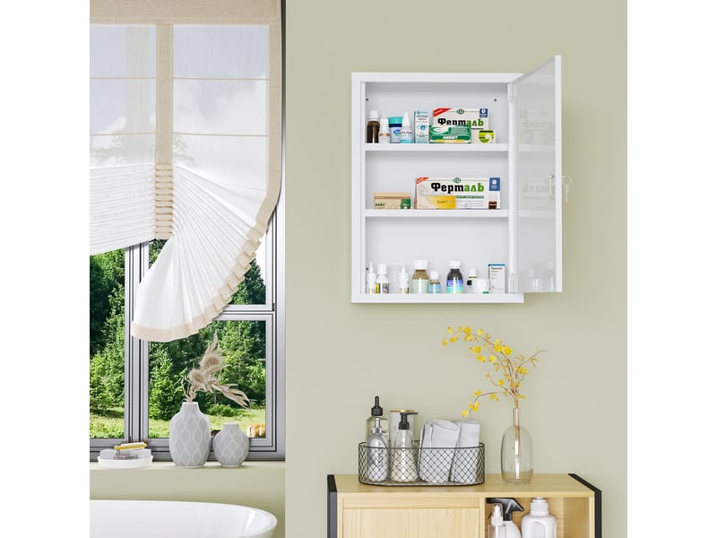  Armoire à pharmacie murale en acier, armoire à médicaments à 3 niveaux porte verrouillable 2 clés, 40x15x53,5cm, blanc  - Conforama D