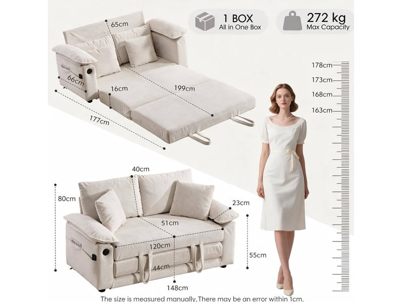  Canapé-lit convertible modenvie 3 en 1 2 places en chenille blanc avec poches latérales 135 x 66 x 80 cm  - Conforama C