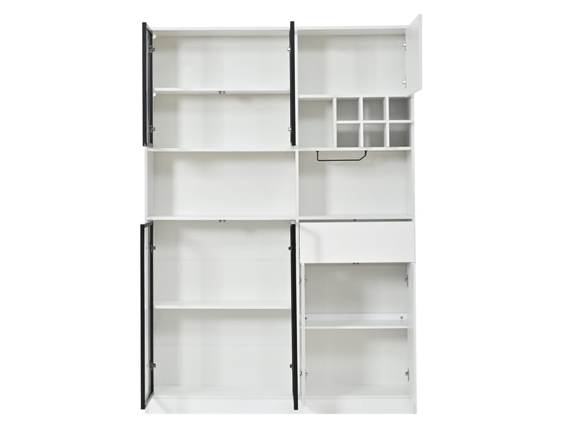  Vitrine 140 x 30 x 200 cm blanche en panneaux de particules, 7 portes, led bluetooth et rangement à vin  - Conforama D
