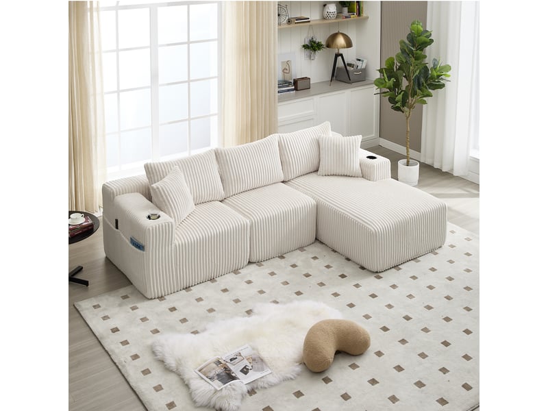 Canapé d'angle droit convertible 3 places tissu beige canapé d'angle beige - Conforama C