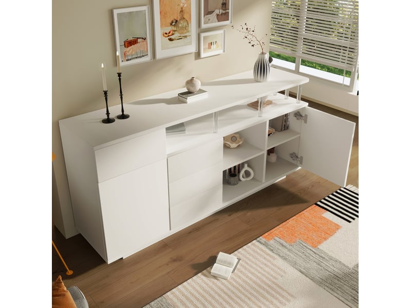  Buffet et enfilade avec 2 portes, 4 tiroirs, étagères réglables et led pour salon, en bois, blanc, 160 × 40 × 75 cm  - Conforama C