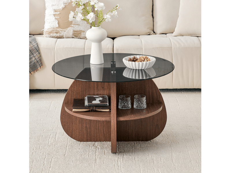  Table basse ronde 74,90x74,90x48,00 cm en verre gris et mdf effet bois foncé  - Conforama D