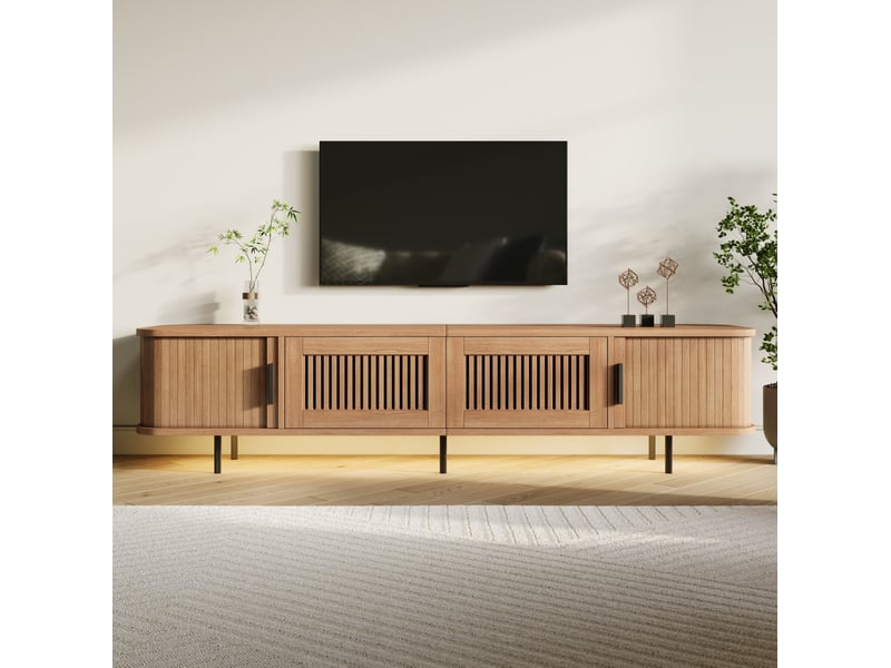  Meuble tv bas 180 x 40 x 44,5 cm – naturel – portes coulissantes, led app et rangements intégrés  - Conforama E