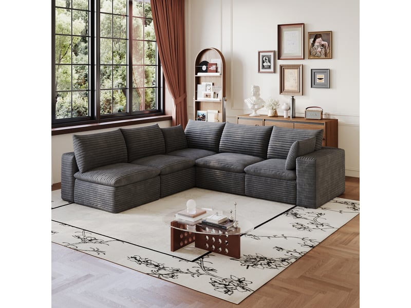 Canapé nuage en velours côtelé gris foncé 5 places modulable sans montage 260x250 cm - Conforama E