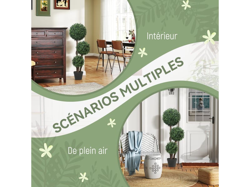  Plante artificielle 100 cm, 3 boules de buis, pot, arbre artificiel intérieur extérieur, facile à nettoyer, vert  - Conforama E