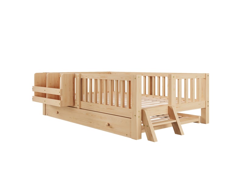 Lit gigogne 90x200cm, lit enfant avec petite échelle, panier de rangement, barrière, bois + mdf, couleur bois, sans matelas - Conforama R