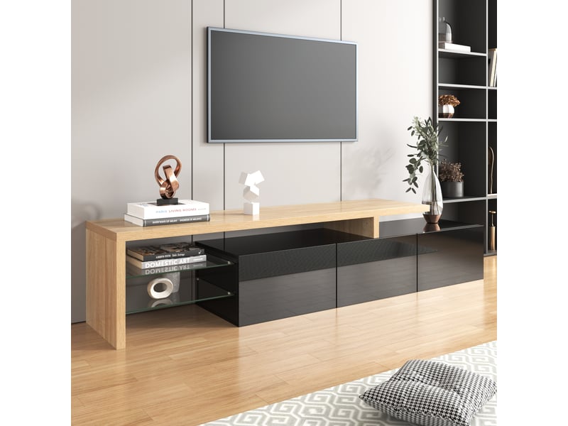  Meuble tv avec 3 placards, étagères en verre et led à 7 couleurs pour salon, en mdf noir et bois 197,5×39×42 cm  - Conforama E