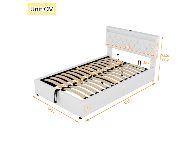  Lit plat capitonné 140x200 cm - tête de lit led réglable, usb, rangement, blanc  - Conforama C