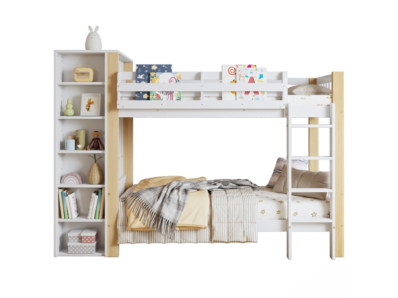 Lit superposé enfant 90x200 cm avec armoire et rangements blanc et naturel - Conforama A