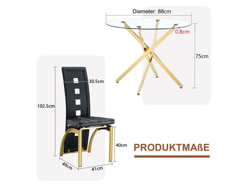 Ensemble table et 4 chaises de salle à manger, verre trempé et cuir régénéré noir, structure dorée moderne  - Conforama C