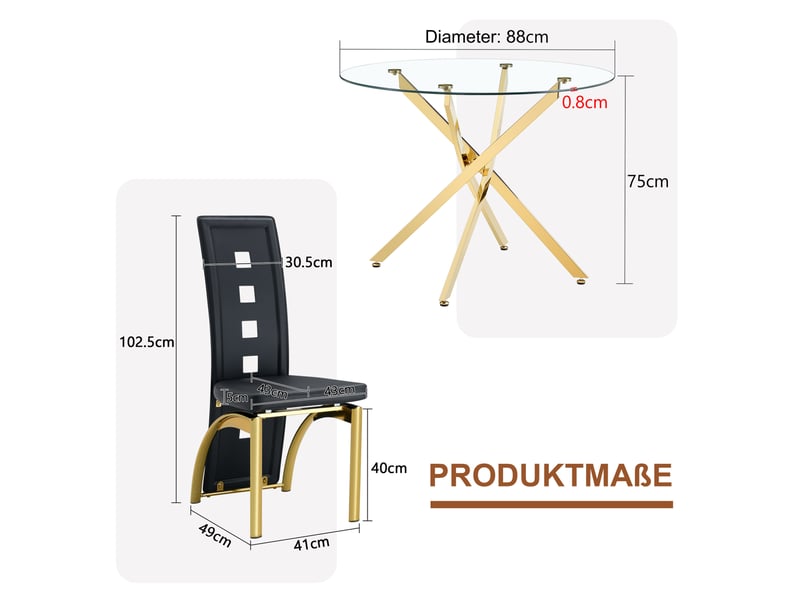  Ensemble table et 4 chaises de salle à manger, verre trempé et cuir régénéré noir, structure dorée moderne  - Conforama C