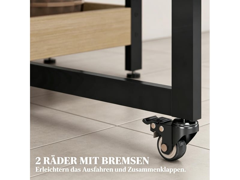  Table de repas pliante 133,4 x 80 cm – chêne – 2 abattants, niches ouvertes et roulettes freinées  - Conforama E