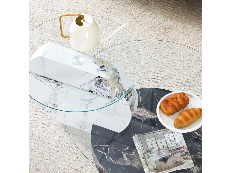  Table basse - 90x51x44cm - en verre trempé &amp; mdf - table de salon multiniveau effet marbre - noir  - Conforama B