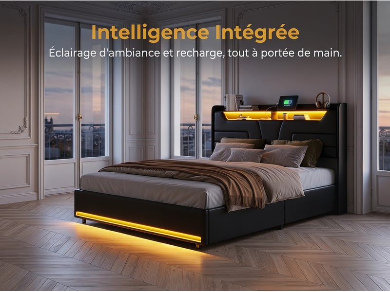  Lit 2 places 160x200 cm - éclairage led - prise électrique intégrée et sommier à lattes - noir  - Conforama D