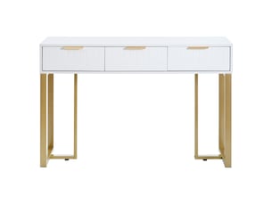 Table console moderne avec 3 tiroirs,repose-pieds réglables,poignées et cadre dorés,blanc+doré