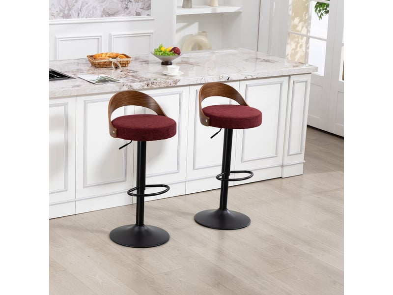  Lot de 2 tabourets de bar réglables - 42,5 x 42 x 77-98 cm - siège pivotant à 360° en lin - bois de noyer - rouge  - Conforama E