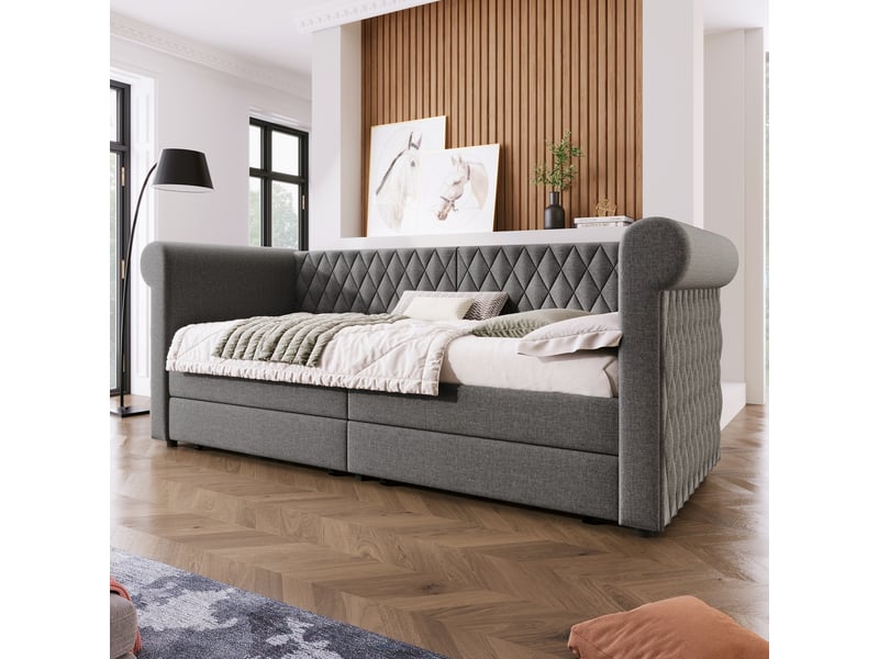  Lit jeune 90x200 cm motif losange avec 2 tiroirs, lin et métal, gris, sans matelas  - Conforama B