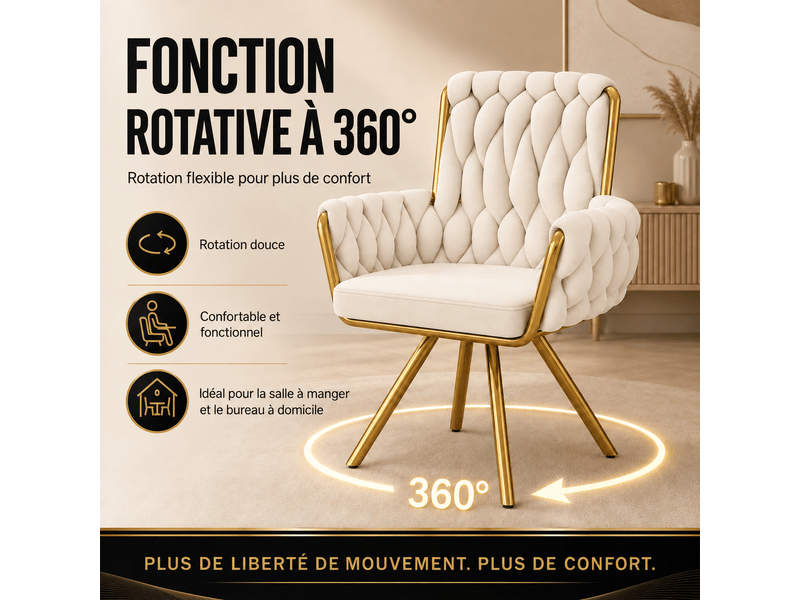  Chaise de salle à manger pivotante 360° en velours beige, lot de 2, avec accoudoirs et pieds en métal doré  - Conforama D