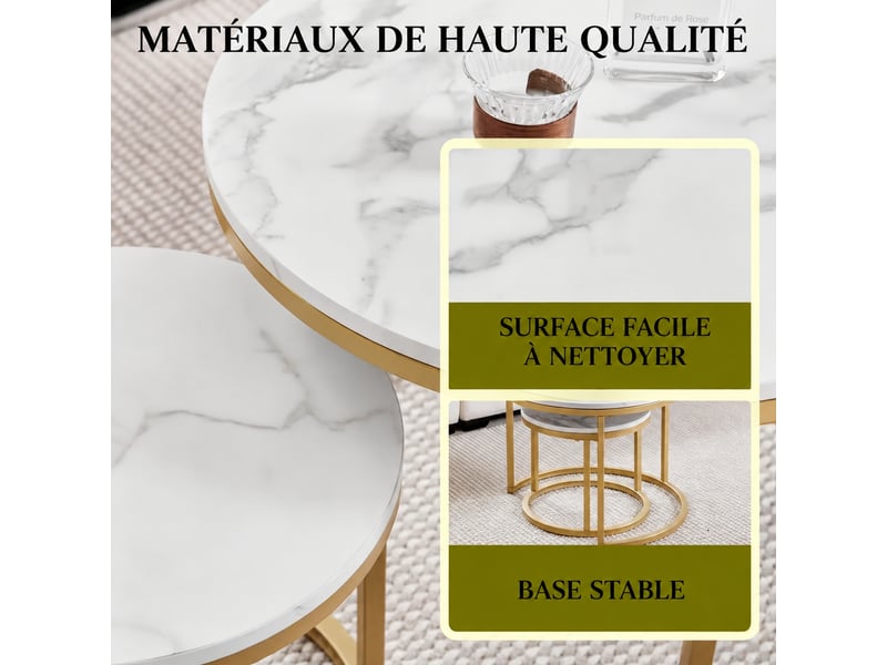  Lot de 2 tables gigognes, table basse ronde avec plateau en mdf effet marbre et structure en métal robuste, blanc  - Conforama R