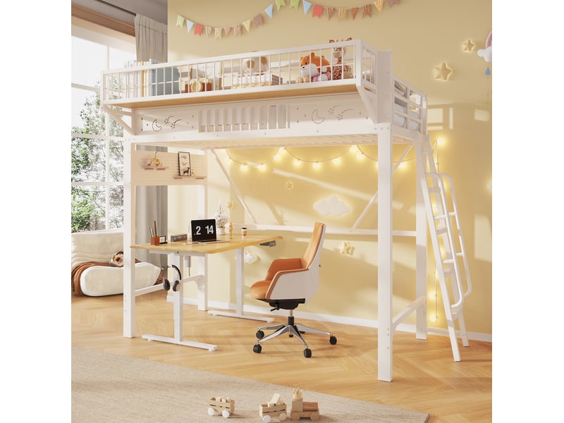  Lit mezzanine 90x200 cm en métal avec rangements coloris blanc  - Conforama D