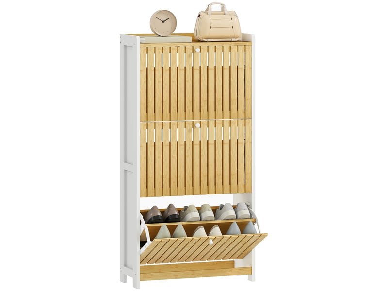  Meuble à chaussures étroit en bambou avec 3 portes, étagères à lattes, capacité ajustable pour 18 paires de chaussures, blanc et naturel  - Conforama A