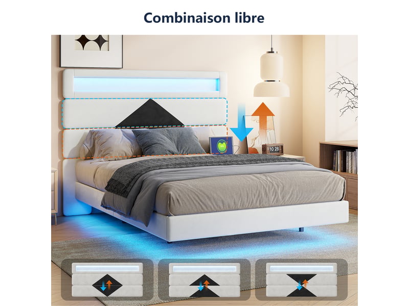 Lit 140x190 avec led ,lit double avec port usb-c, lit suspendu, cadre de lit 140x190 cm, velours, blanc et noir - Conforama E