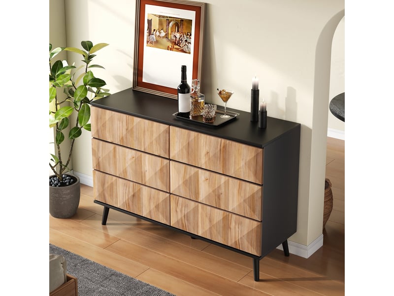  Commode à 6 tiroirs, 120 x 40 x 85 cm, façades géométriques en relief et pieds noirs, effet bois naturel et noir  - Conforama D