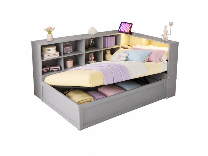  Lit banquette simple 90x200 cm en bois massif avec coffre hydraulique, prise et led, gris, matelas non précisé  - Conforama A