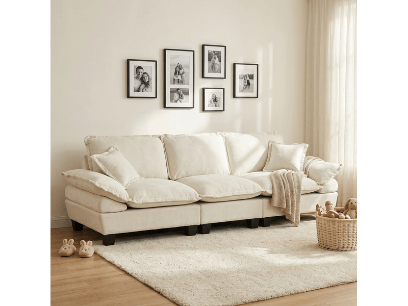  Canapé 3 places en chenille beige avec accoudoirs arrondis amovibles  - Conforama D