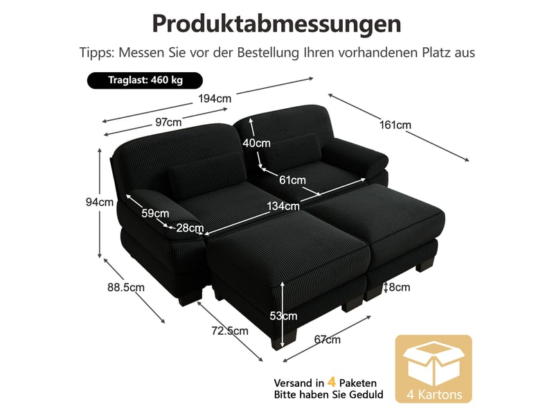 Canapé modulable - 2 places - 2 ottomans - assise profonde - velours côtelé - mobilier de salon - configuration flexible - noir CozyNest - Conforama D
